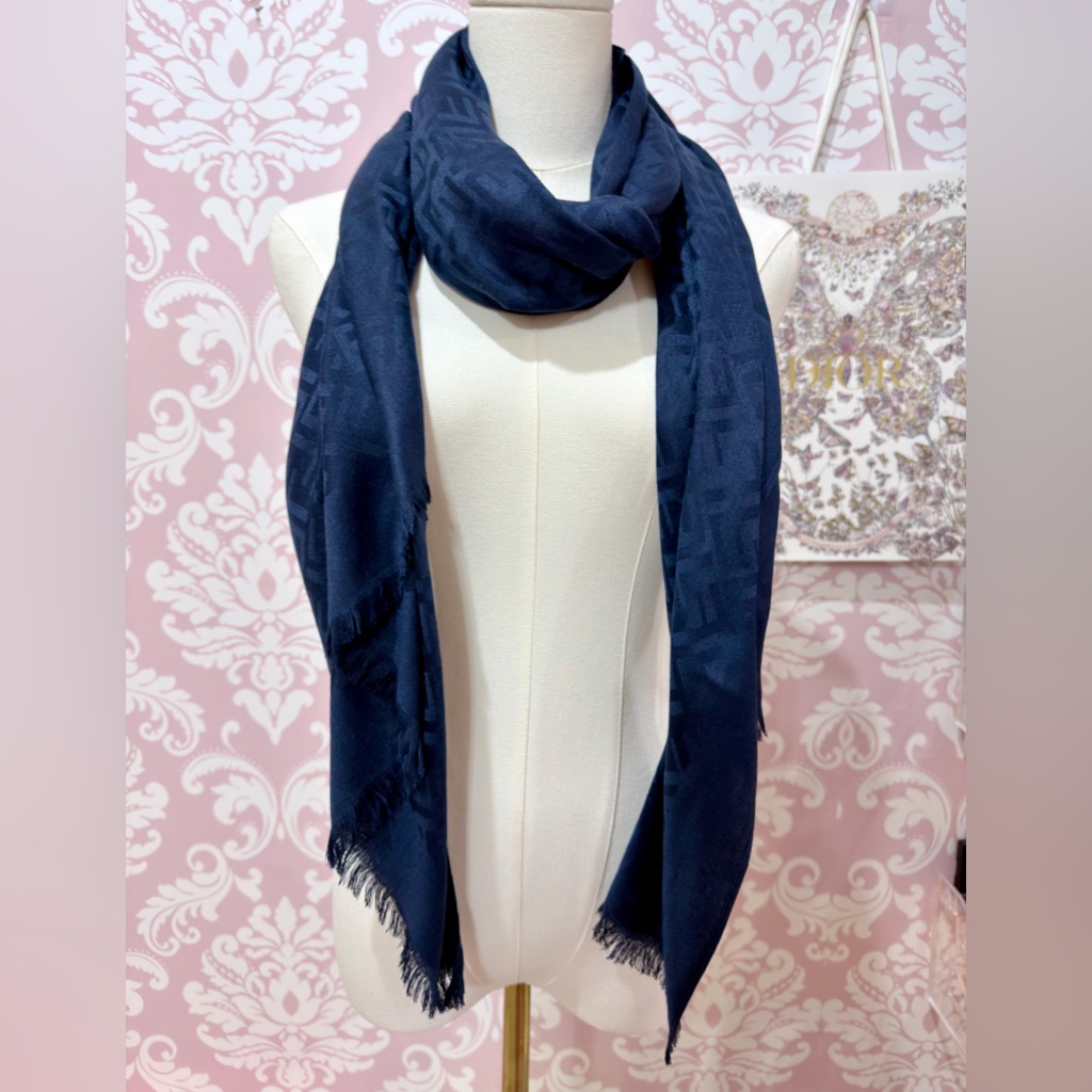 Fendi Ff Logo Navy Blue Scarf Silk  Cashmere